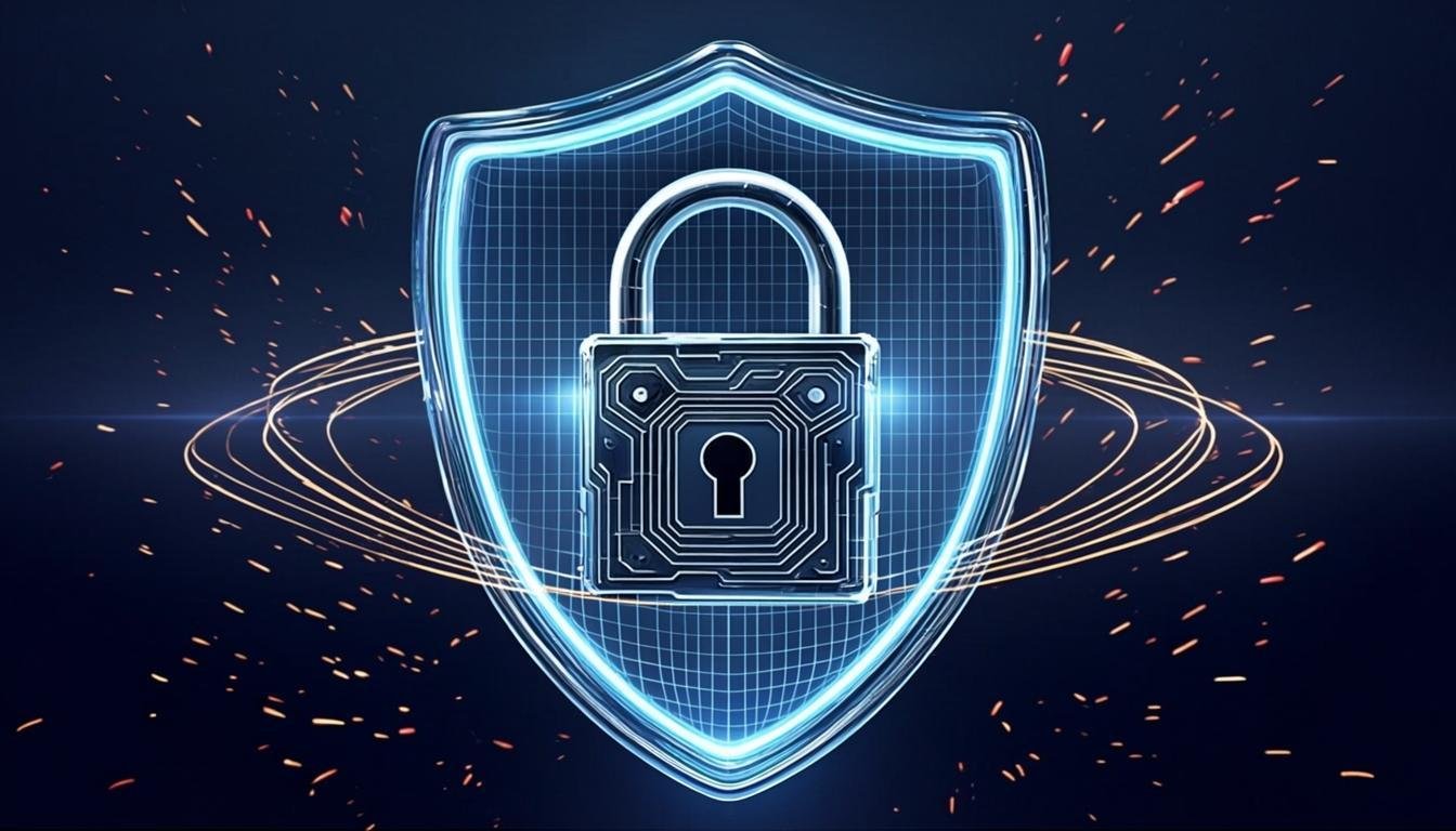 cybersecurity digital protection shield lock wide angle professional photography