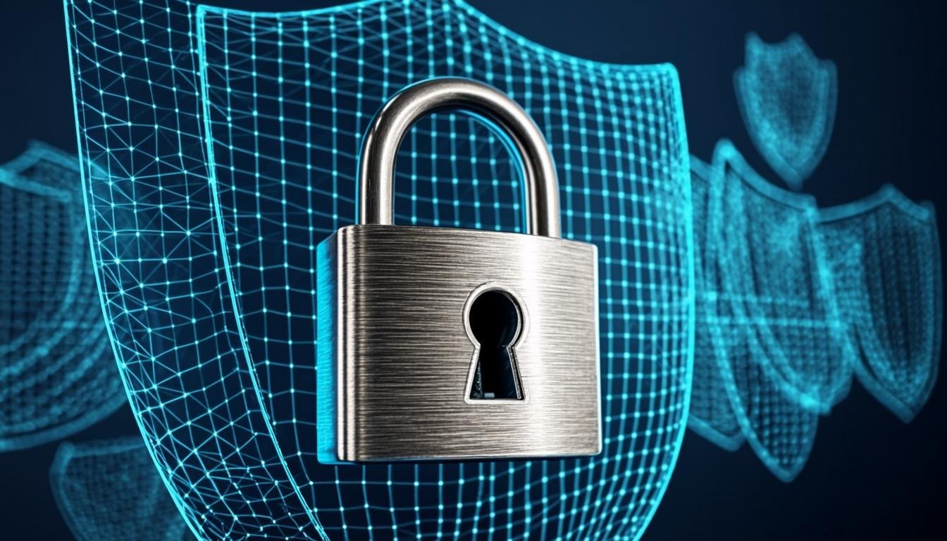 cybersecurity digital protection shield lock close up detail professional photo