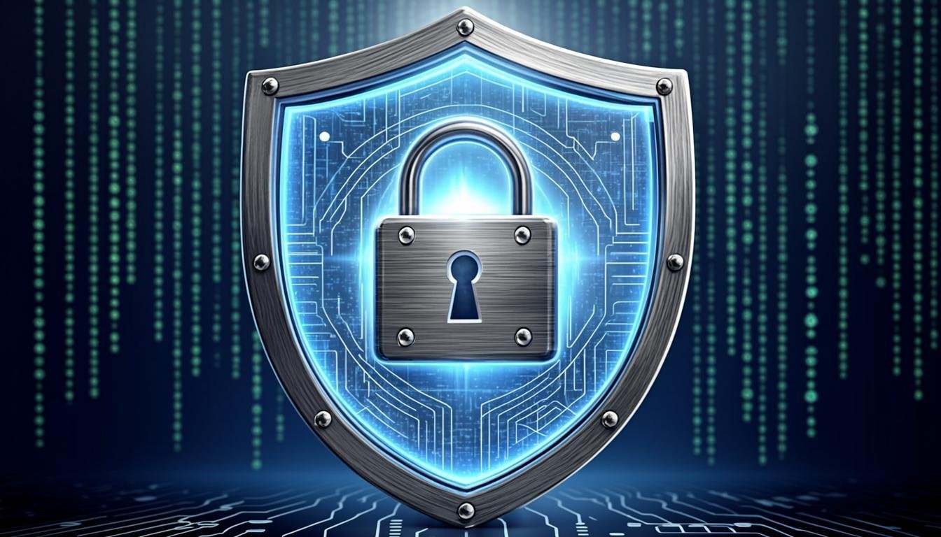 cybersecurity digital protection shield lock close up detail professional photo