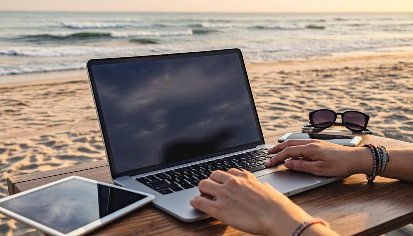 digital nomad remote work laptop travel beach destination close up