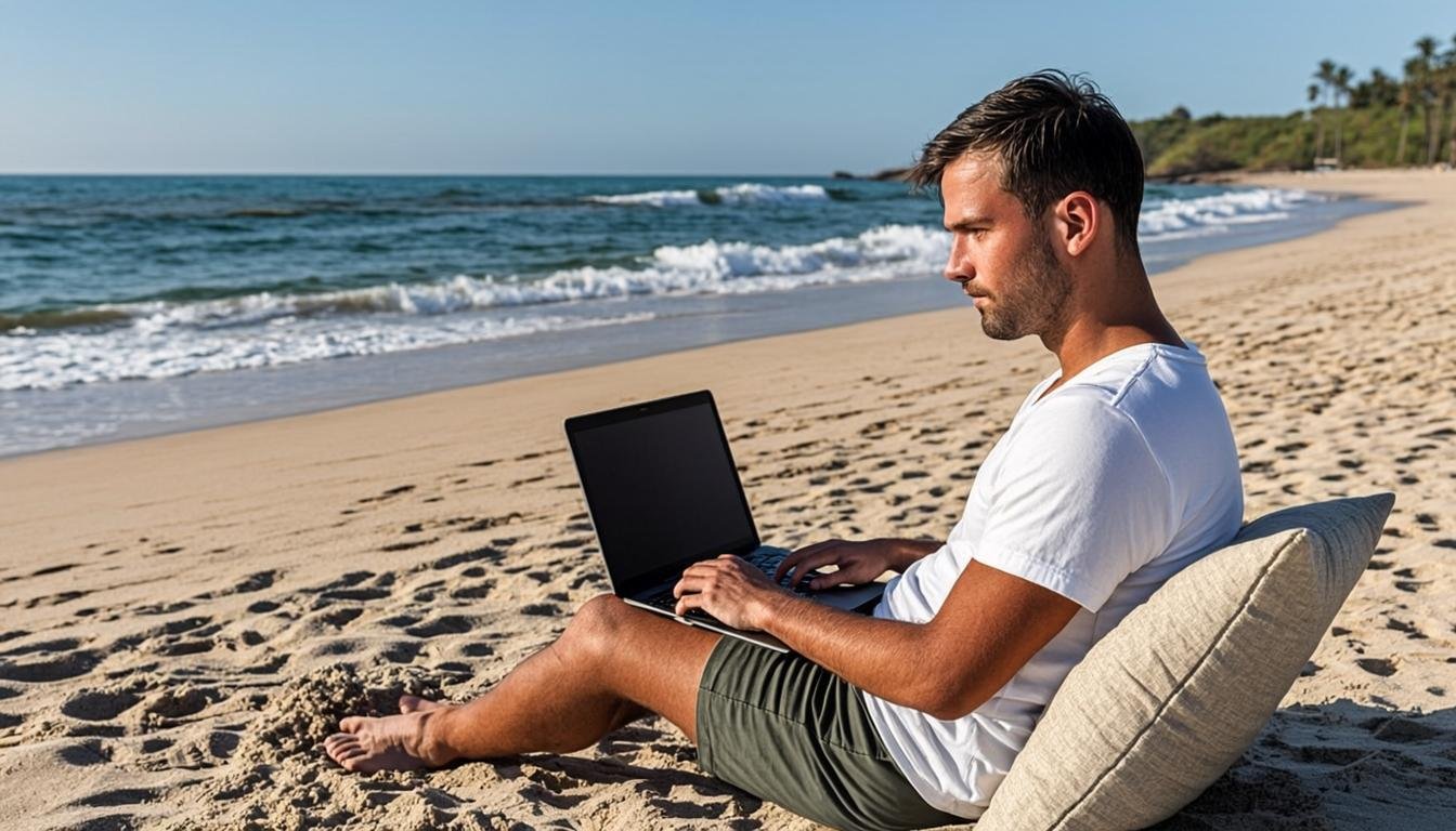 digital nomad remote work laptop travel beach destination wide angle