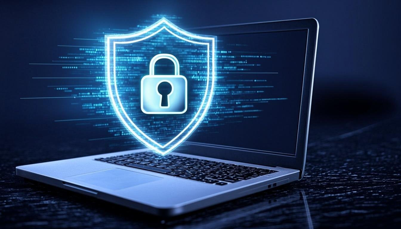 cybersecurity hacker protection digital shield lock laptop close up