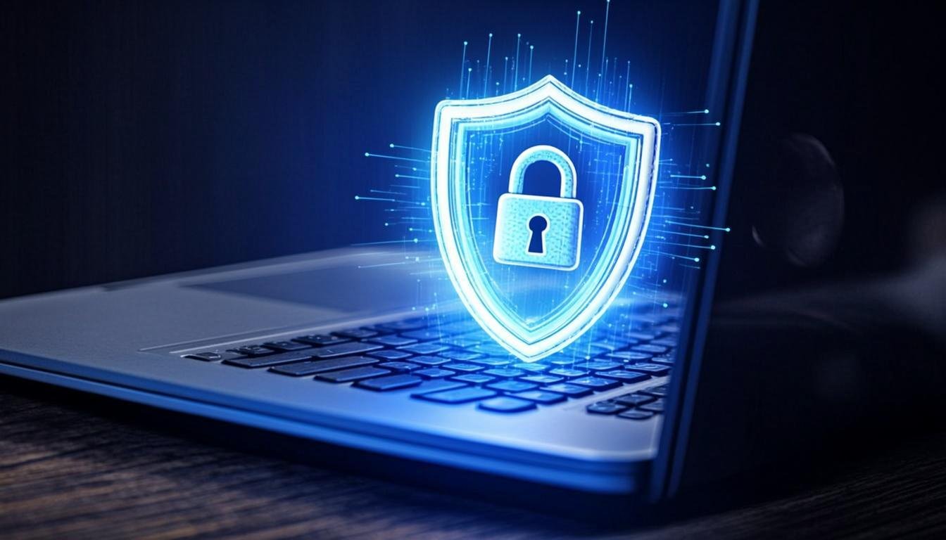 cybersecurity hacker protection digital shield lock laptop close up