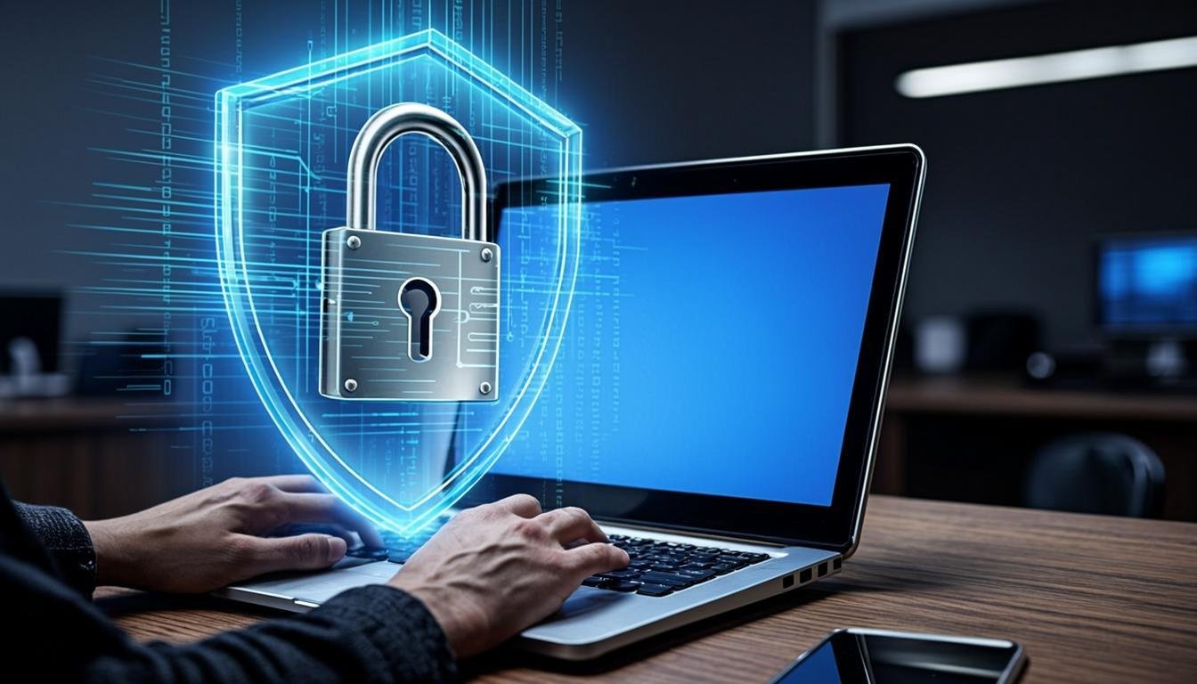 cybersecurity hacker protection digital shield lock laptop wide angle