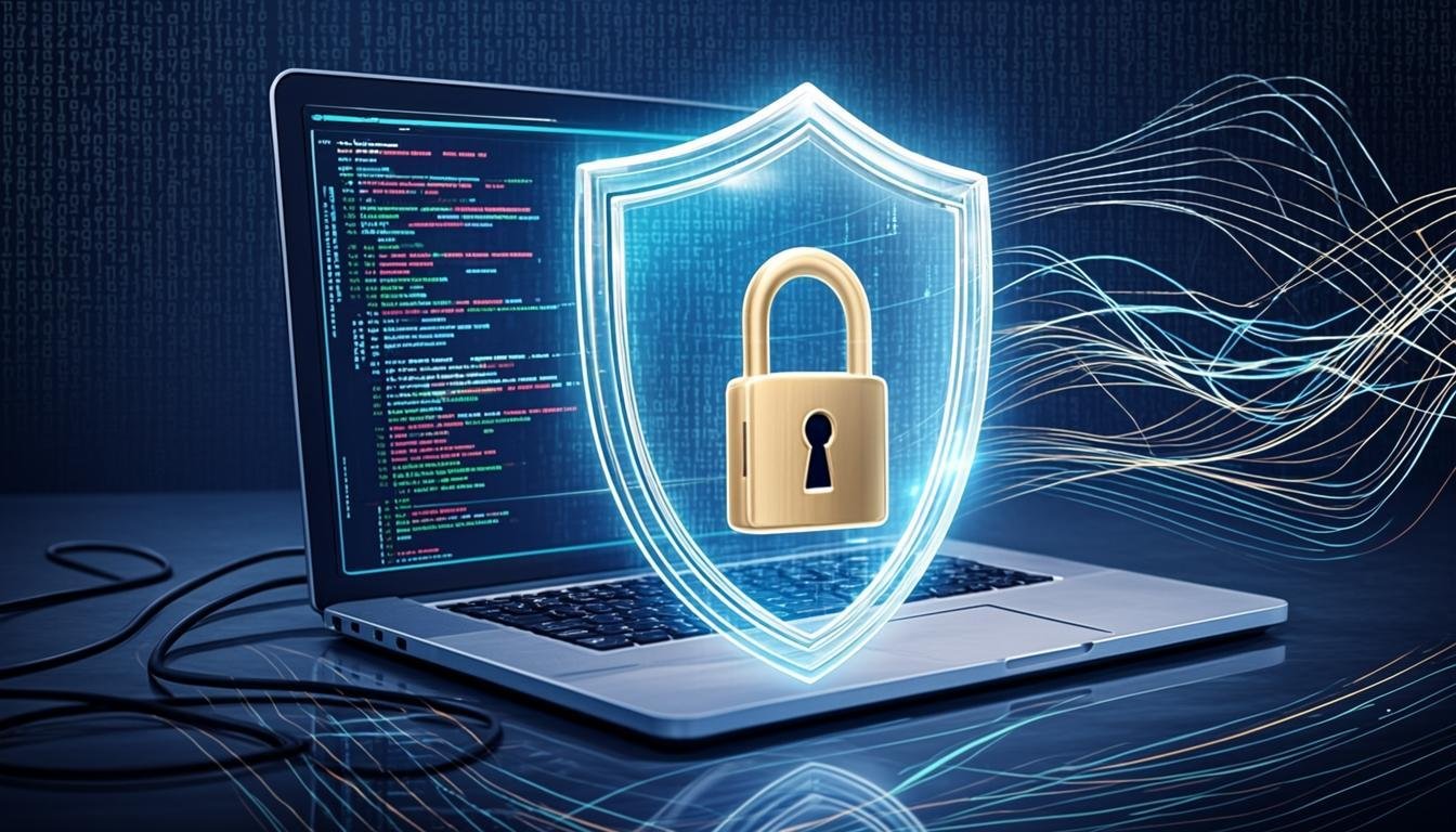 cybersecurity hacker protection digital shield lock laptop wide angle